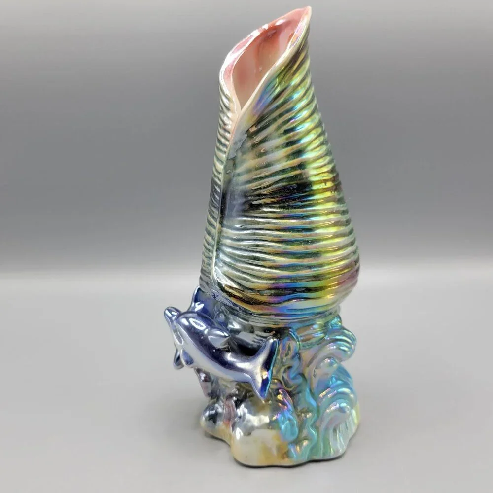 Vintage Iridescent Ceramic Vase Shell Shape Ocean Inspired Design 7.5